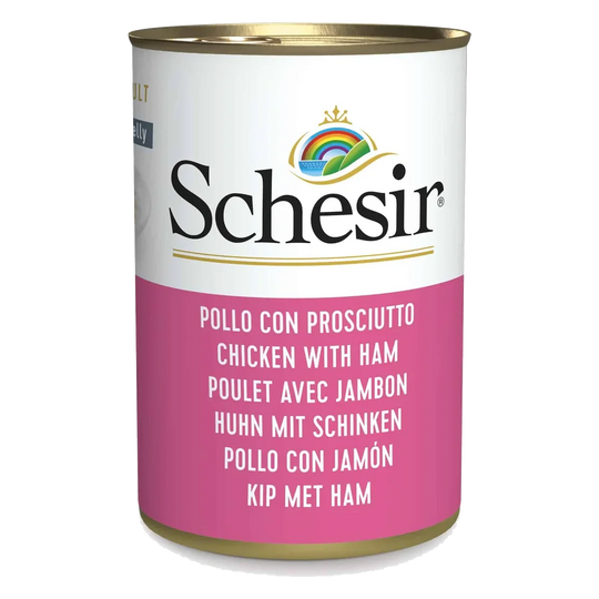 Comida húmida para gatos Schesir filetes de frango com fiambre, lata 140 g