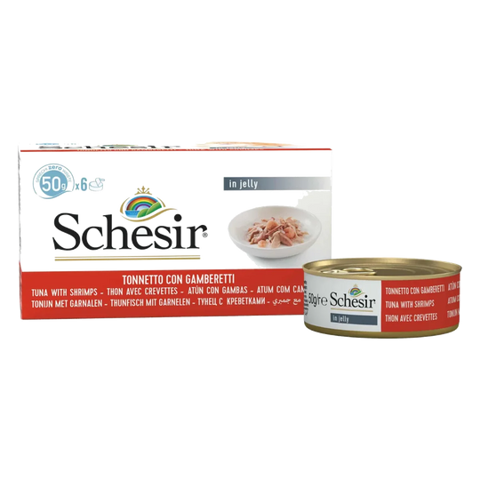 Comida húmida para gatos Schesir atum com camarões, 6 × 50 g, multipack