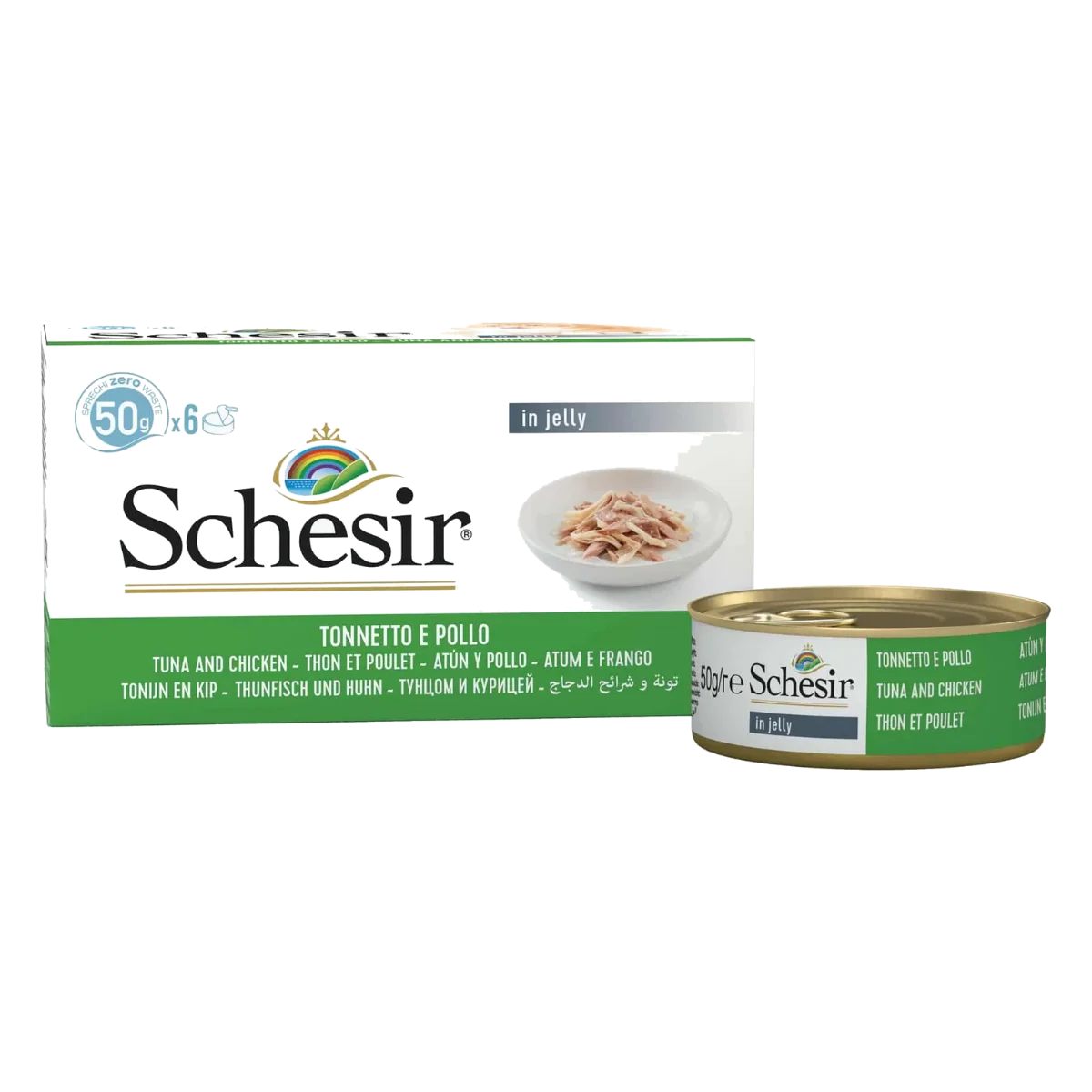 Comida húmida para gatos Schesir atum e filetes de frango, 6 × 50 g, multipack