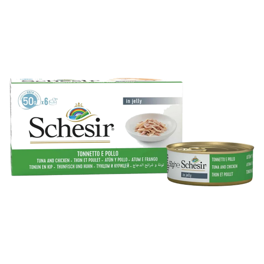 Comida húmida para gatos Schesir atum e filetes de frango, 6 × 50 g, multipack