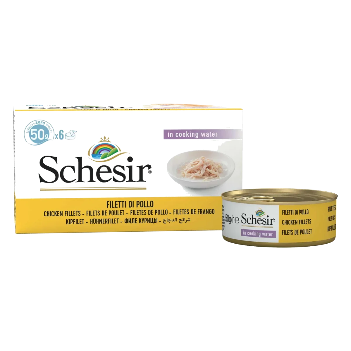 Comida húmida para gatos Schesir filetes de frango ao natural, 6 × 50 g, multipack