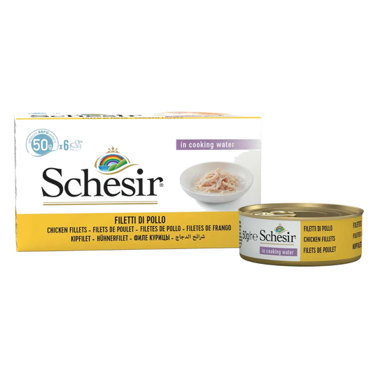 Comida húmida para gatos Schesir filetes de frango ao natural, 6 × 50 g, multipack