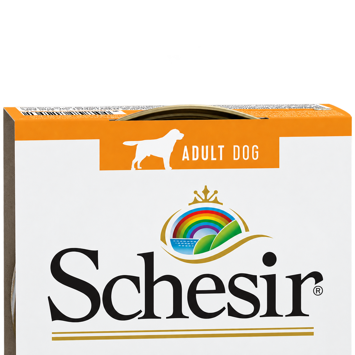 Parte superior da embalagem Schesir frango e aloé com indicação Adult Dog