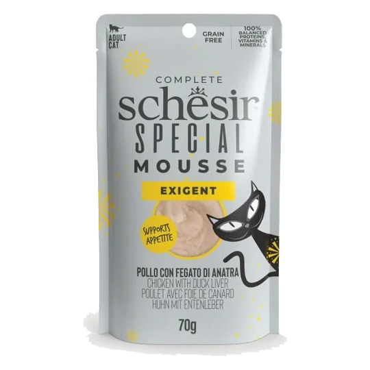 Comida húmida para gatos Schesir mousse Exigent frango com fígado de pato