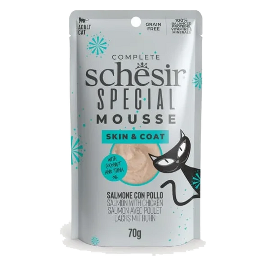 Comida húmida para gatos Schesir mousse pele e pelo salmão com frango