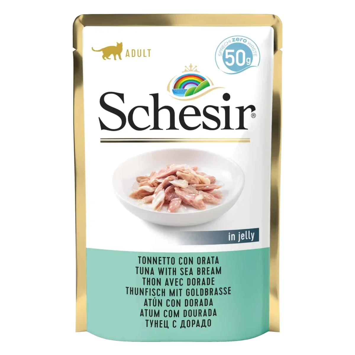 Comida húmida para gatos Schesir atum com dourada, saqueta 50 g