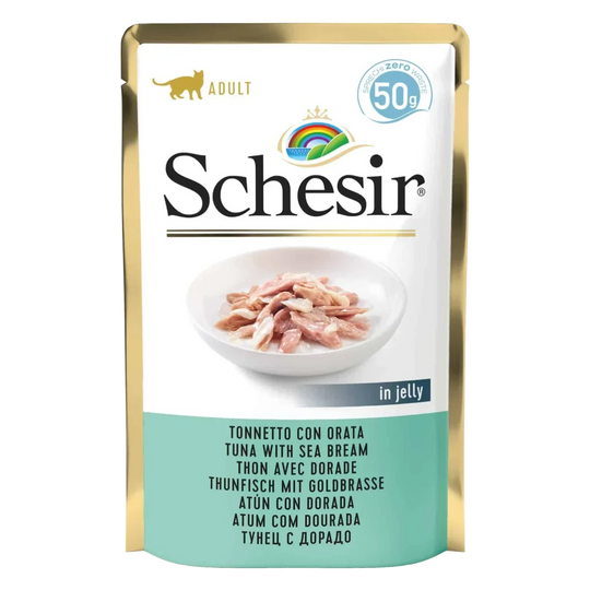 Comida húmida para gatos Schesir atum com dourada, saqueta 50 g