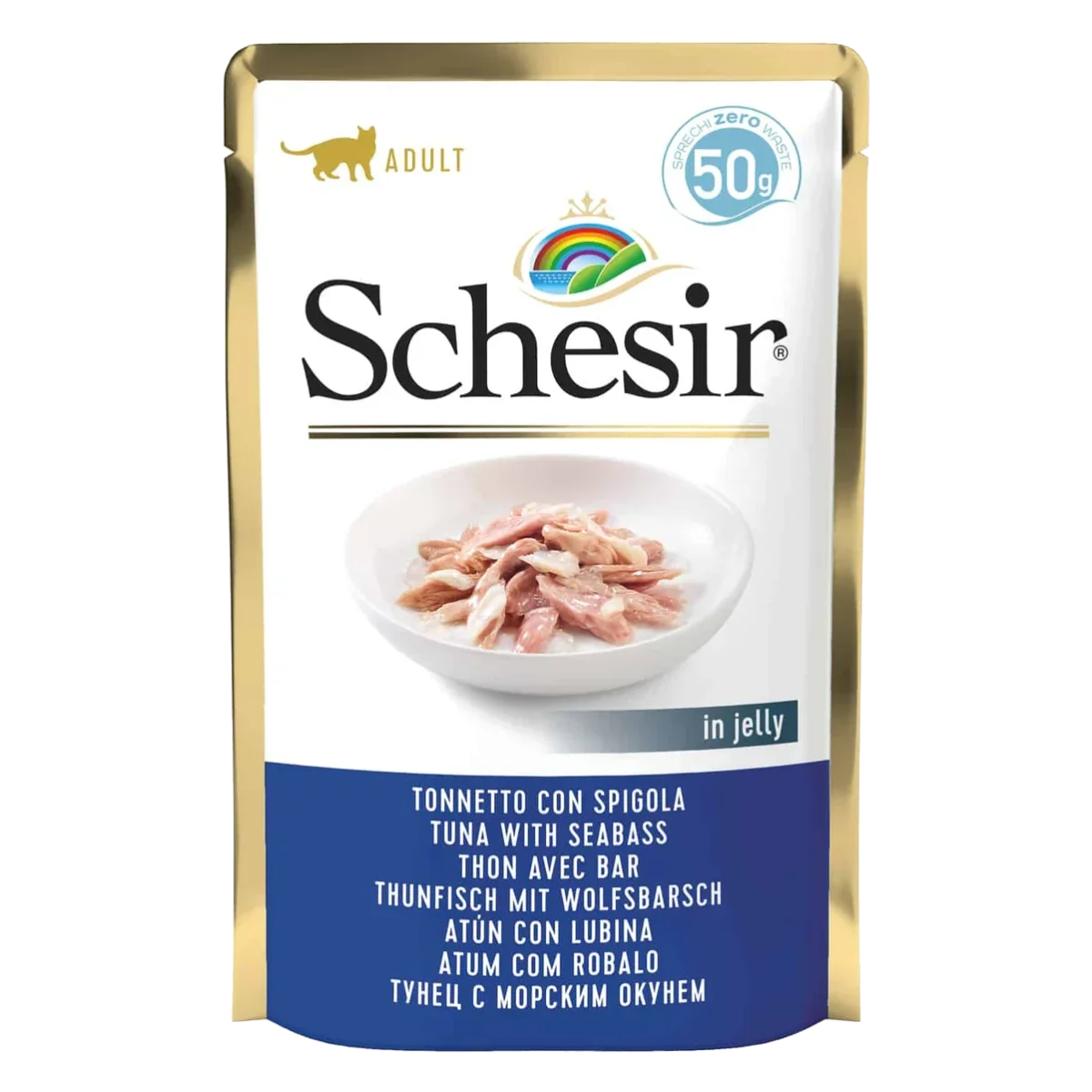 Comida húmida para gatos Schesir atum com robalo, saqueta 50 g