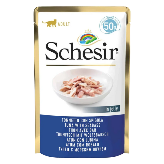 Comida húmida para gatos Schesir atum com robalo, saqueta 50 g