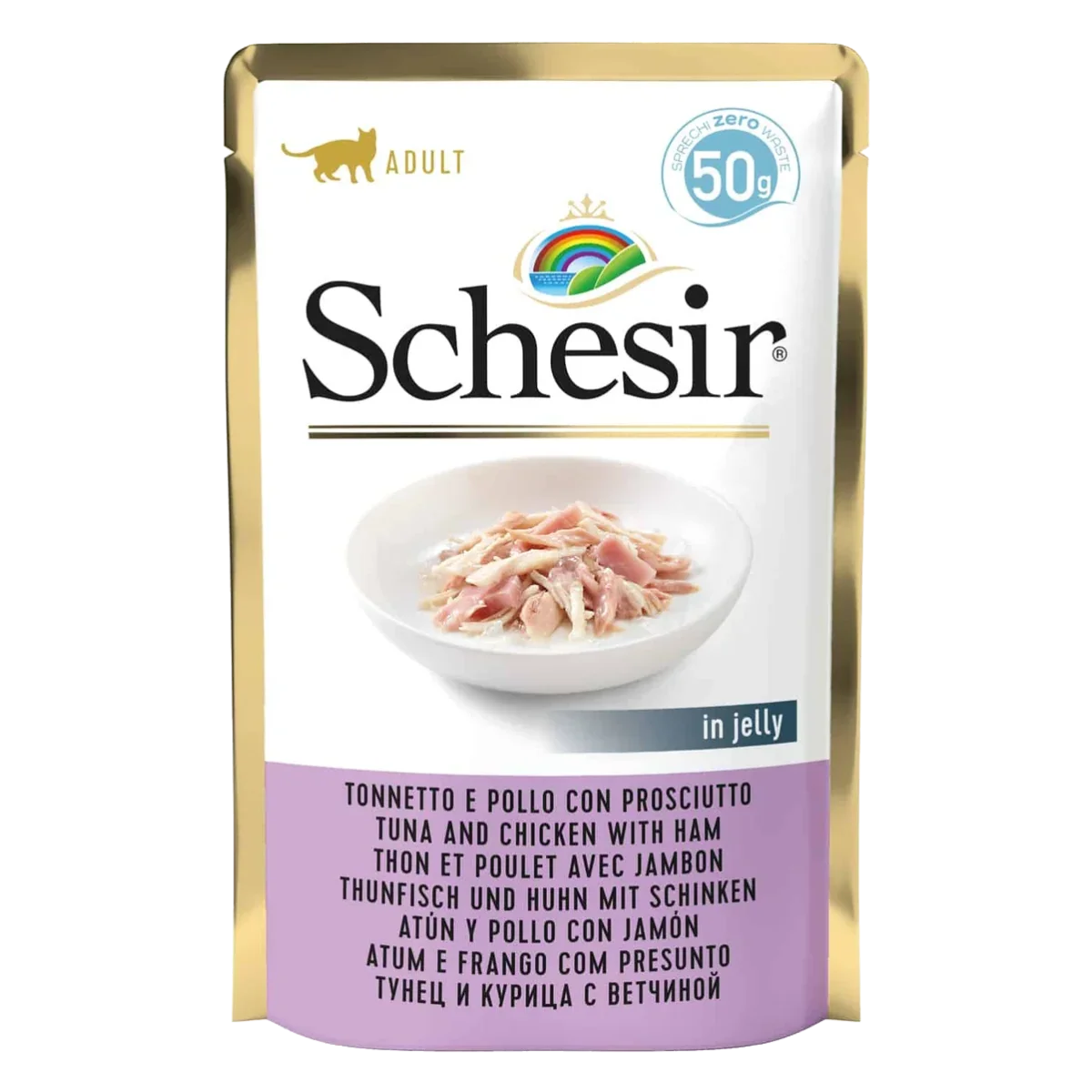 Comida húmida para gatos Schesir atum com frango e fiambre, saqueta 50 g