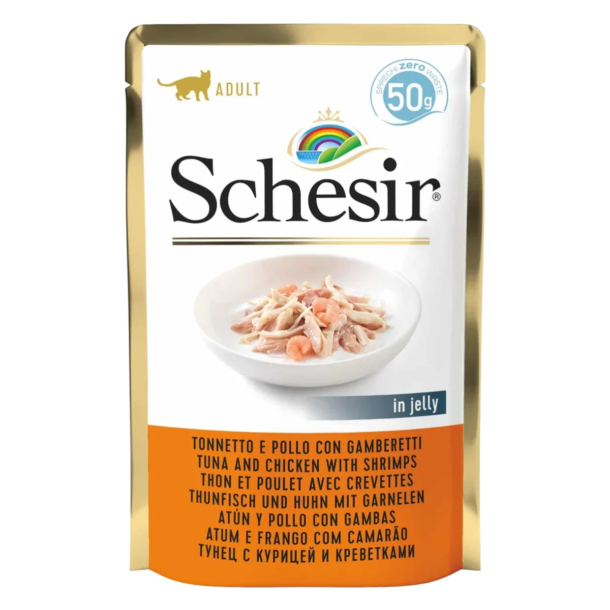 Comida húmida para gatos Schesir atum e frango com camarões, saqueta 50 g