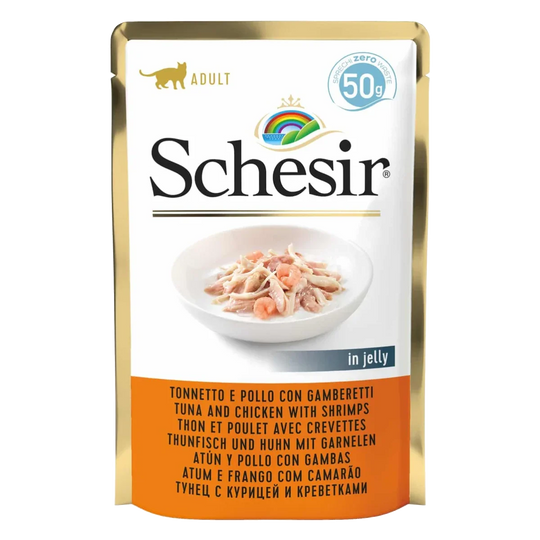 Comida húmida para gatos Schesir atum e frango com camarões, saqueta 50 g