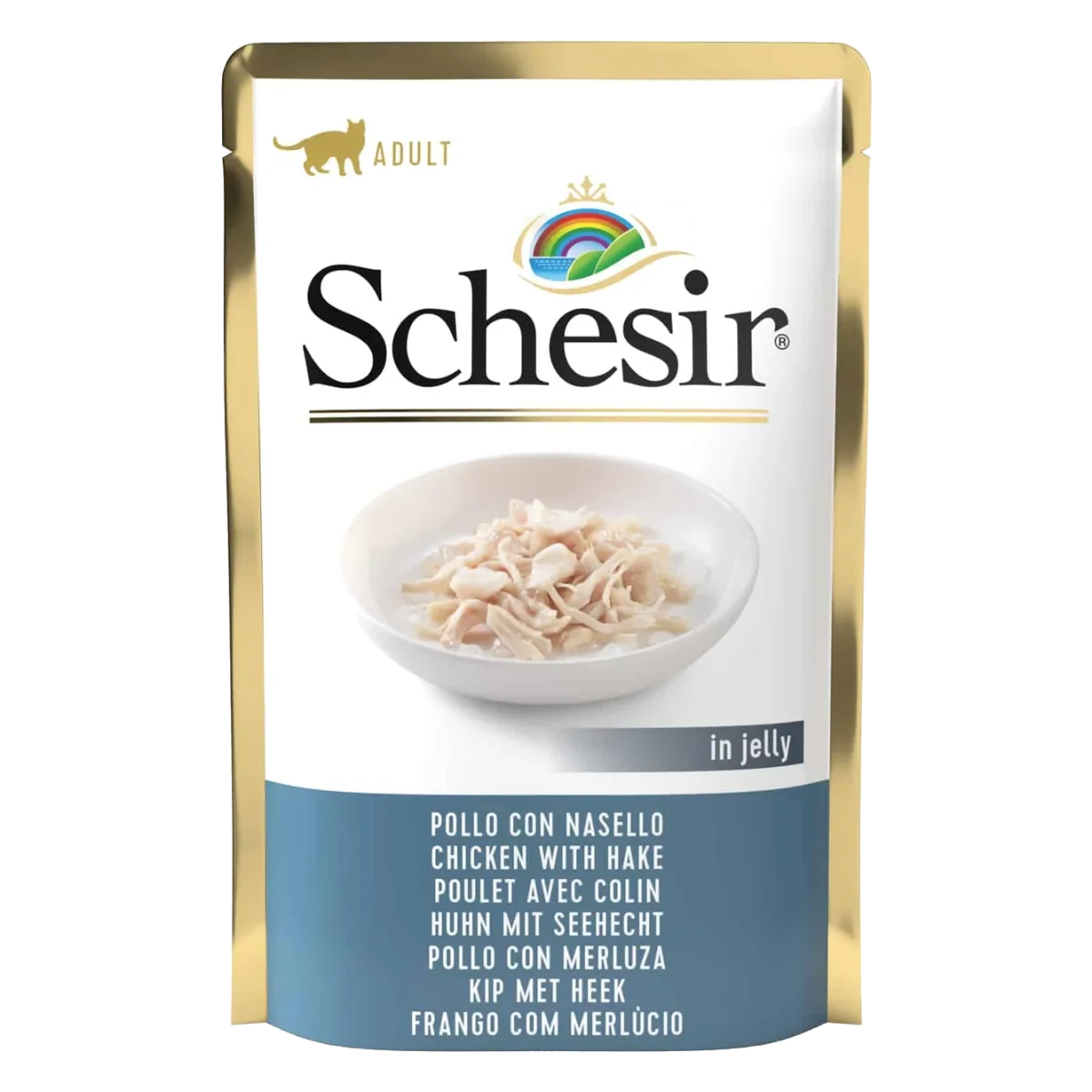 Comida húmida para gatos Schesir filetes de frango com pescada, saqueta 85 g