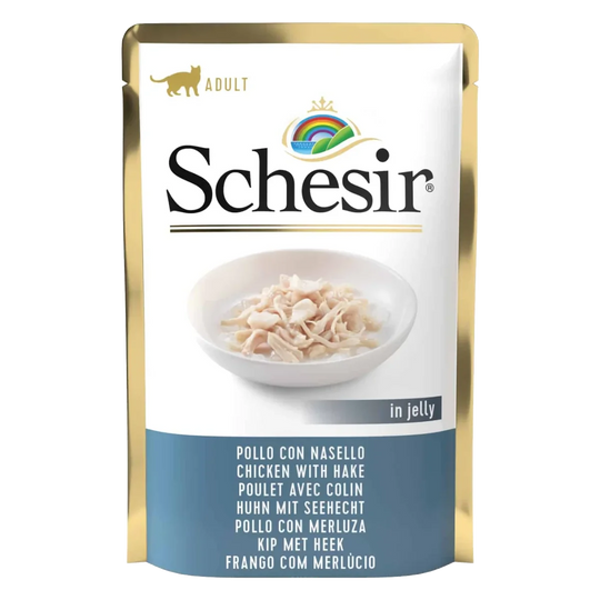 Comida húmida para gatos Schesir filetes de frango com pescada, saqueta 85 g