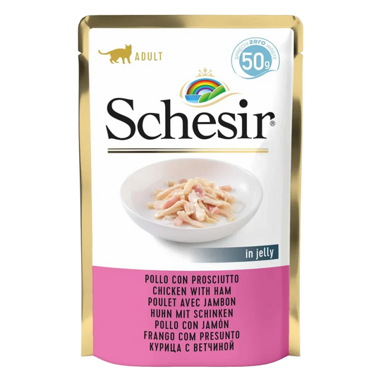 Comida húmida para gatos Schesir frango com fiambre, saqueta 50 g