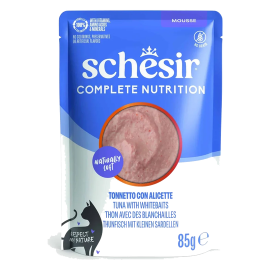 Comida húmida para gatos Schesir mousse atum com anchovas, saqueta 85 g