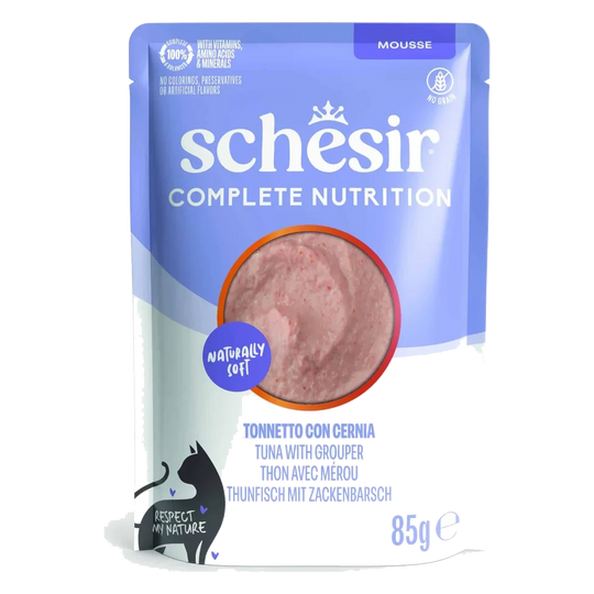 Comida húmida para gatos Schesir mousse atum com mero, saqueta 85 g