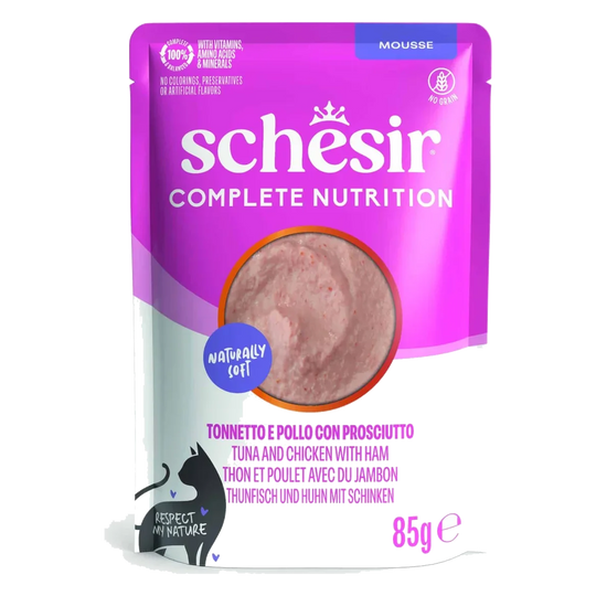 Comida húmida para gatos Schesir mousse atum com frango e fiambre, saqueta 85 g