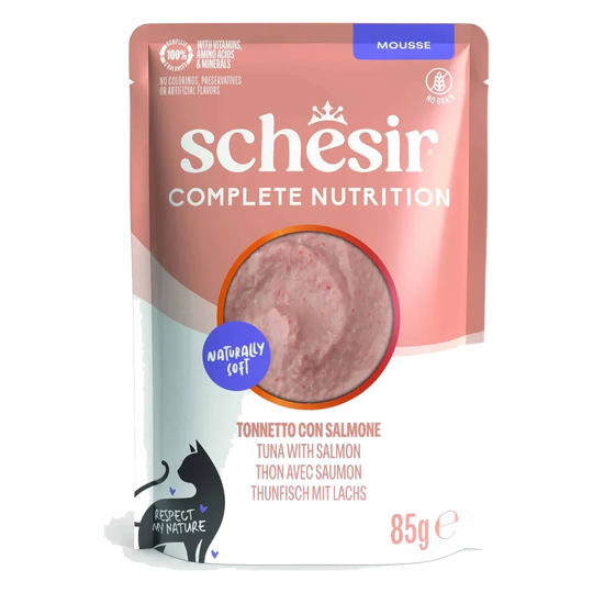 Comida húmida para gatos Schesir mousse atum com salmão, saqueta 85 g
