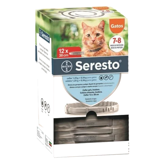 Coleira antiparasitária Seresto Bayer para gatos, embalagem de plástico