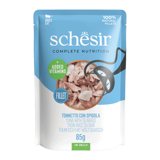 Comida húmida para gatos Schesir atum com robalo, saqueta 85 g