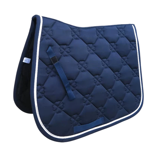 Manta de sela de saltos azul-marinho para cavalo com acolchoado em losangos e cordão duplo branco