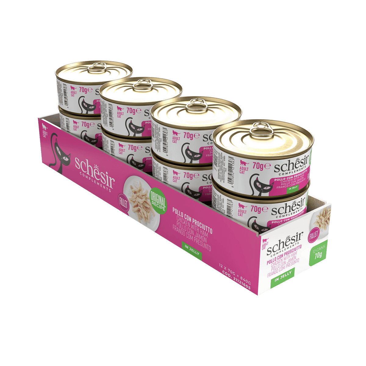 Comida húmida para gatos Schesir filetes de frango com fiambre em gelatina, lata 70 g – imagem 2
