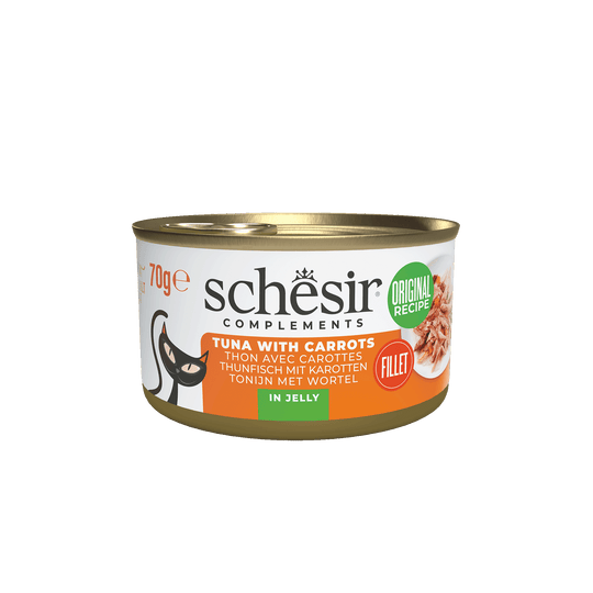 Comida húmida para gatos Schesir atum com cenoura em gelatina, lata 70 g