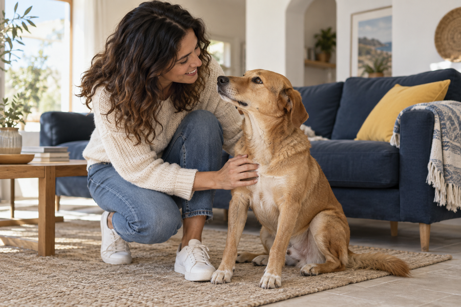 Ilustração de uma pessoa e um cão a partilhar um momento tranquilo em casa